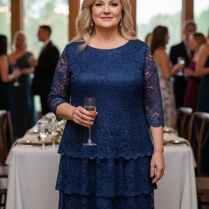 Alex Elegant Navy Lace Tiered Dress Mother Of The Bride Dress 18W 3/4 Sleeve